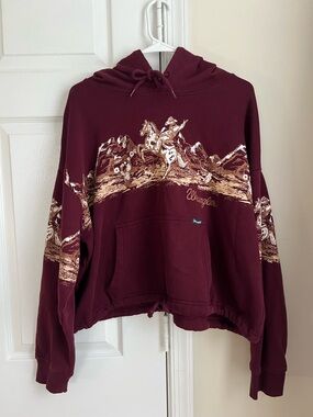 Wrangler Red Burgundy Western Cowboy Horse Mountains Tie Cropped Hoodie XL